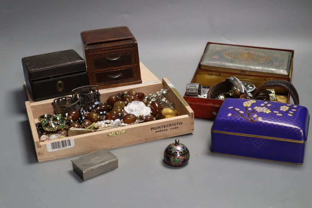 A group of costume jewellery, watches, small boxes and cases